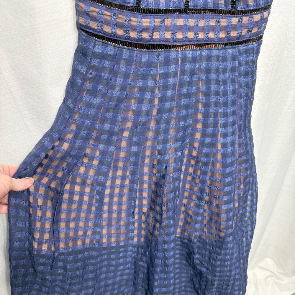 Roselani Navy Blue Tan Gingham Plaid Ladder Lace Cutout Midi Dress Size S Boho - Picture 5 of 12